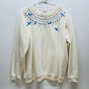 Vintage Adrian Delafield Sweatshirt Women’s Large Ivory Blue Birds Embroidered